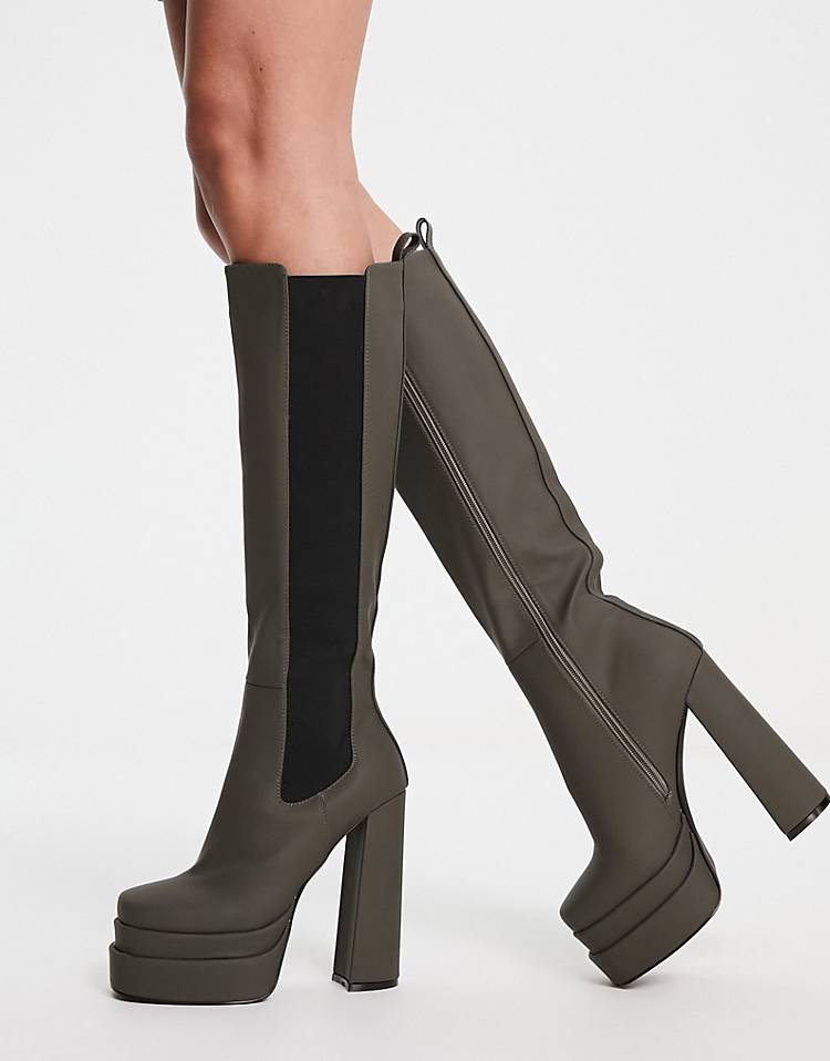 Simmi London Martha platform heel knee boots in olive green